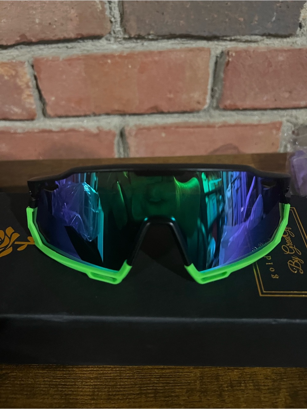 Sport Shield Sunglasses with Green Trim and Mirrored Blue Lens
